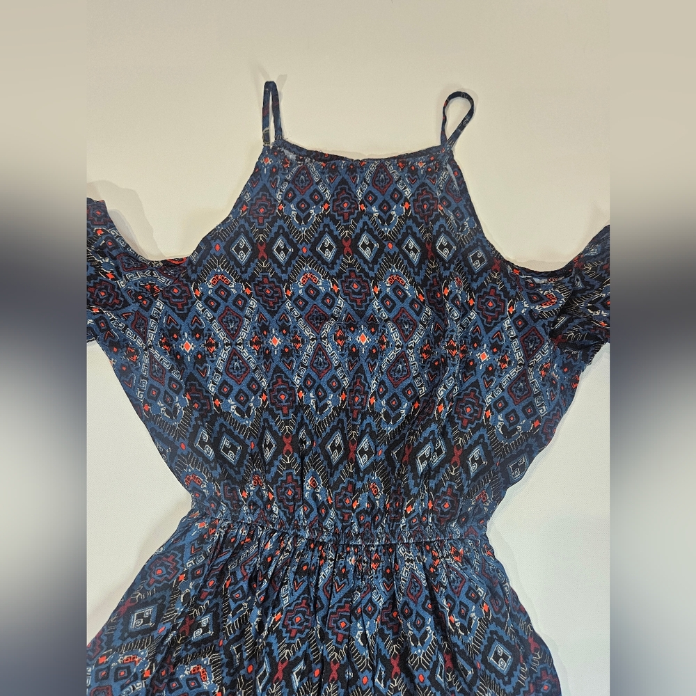 Abercrombie & Fitch Cold Shoulder Dress XS Blue Red Accent Paisley Boho Aztec - Picture 4 of 10